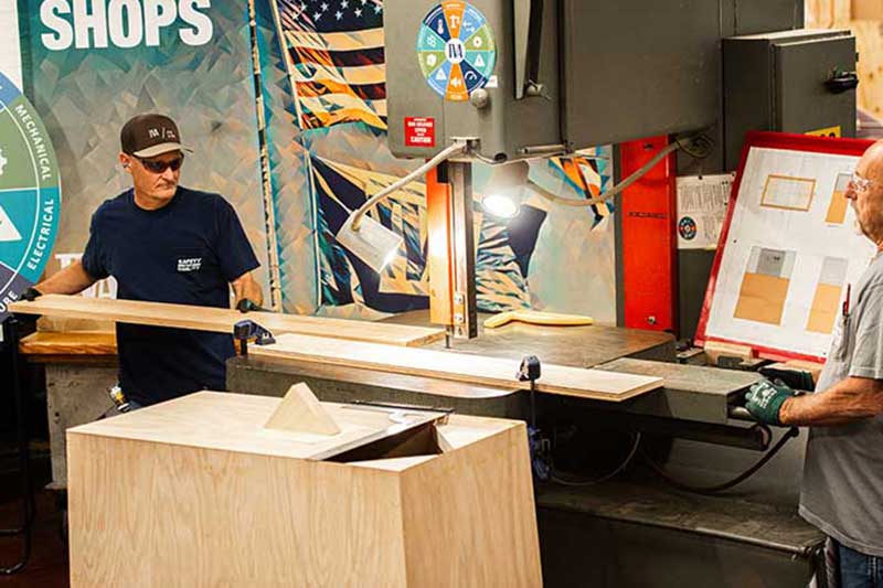 Carpenters build the time capsule pedestal