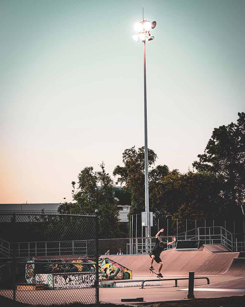 Skateboard park with large light