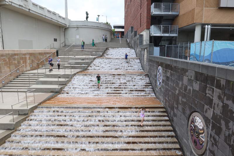 Water cascades down steps at Ross's Landing in Chattanooga.