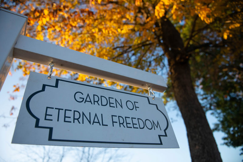 A sign greets visitors to the Garden of Eternal Freedom in Gallatin, Tennessee. 