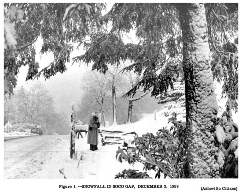 A black-and-white newspaper photo of a snowy scene at Soco Gap in December 1959