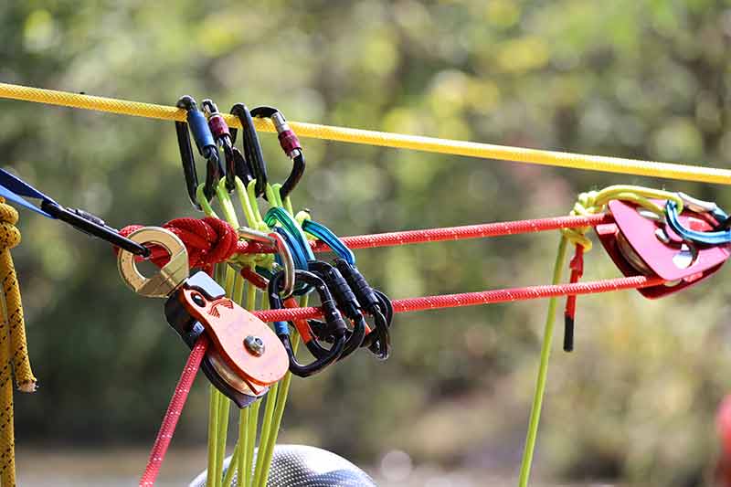 Ropes, pulleys and carabiners are part of swift-water rescue equipment.