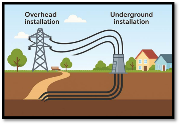 Illustration showing the transition from an overhead power line installation to an underground power line installation, with cables routed below ground near homes.