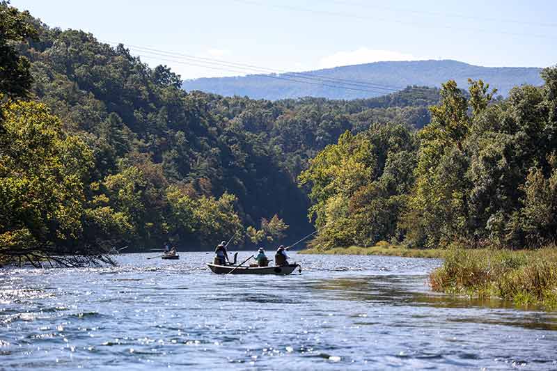 People fishing from boat with mountains in background.