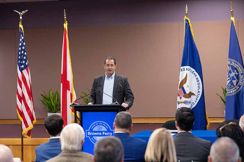 TVA CEO and President Don Moul speaks at an event celebrating TVA's SLR application at Browns Ferry Nuclear Plant in Athens, Alabama.