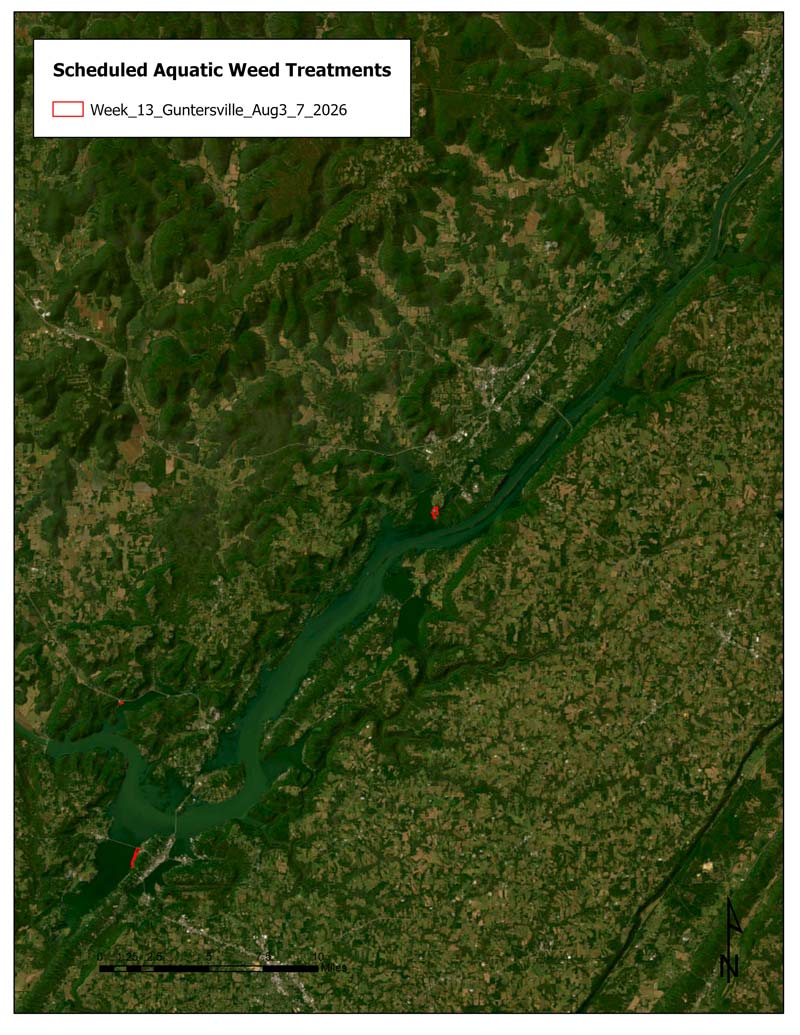 Map showing scheduled aquatic weed treatment locations for August 3–7, 2026.