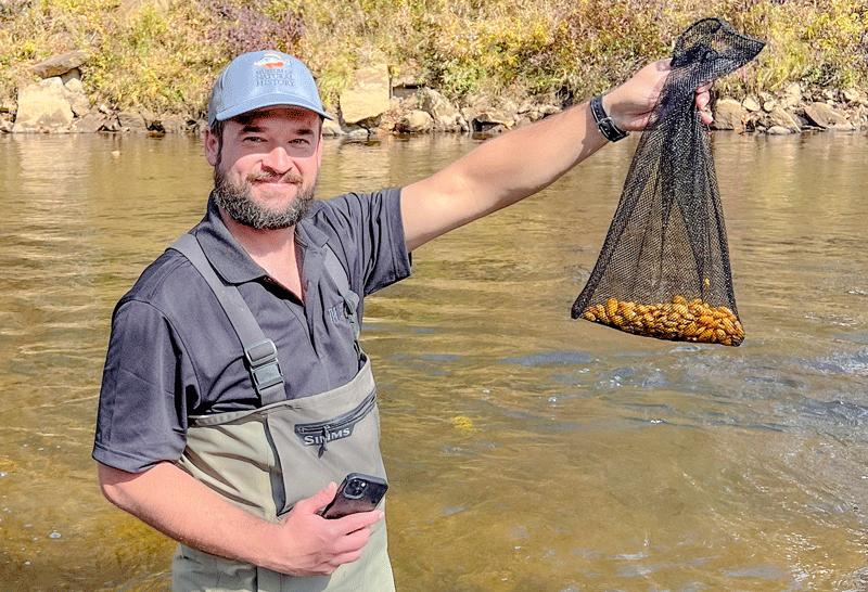 TVA specialist stands in the river while holding up a bag of mussels