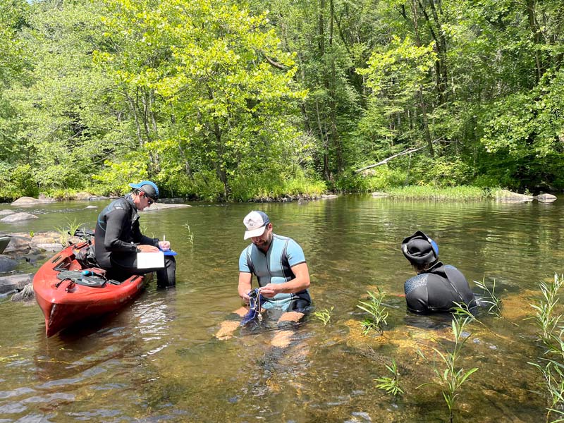 TVA specialists record their findings as they search for plants and mussels in the Hiwassee River