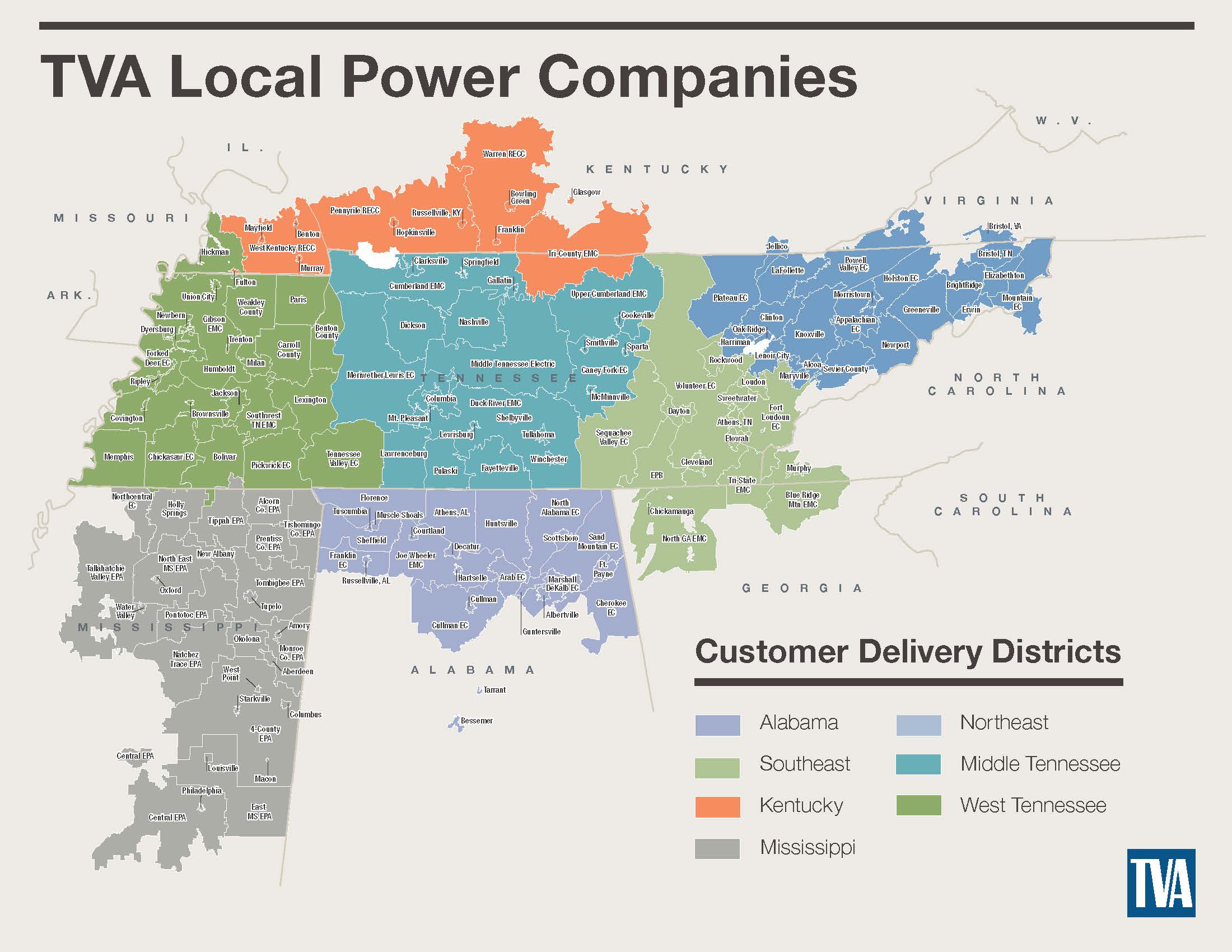 map of tva customer delivery districts