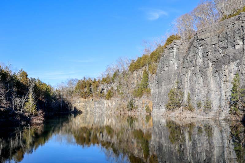 View of the tree-topped cliffs at a local quarry