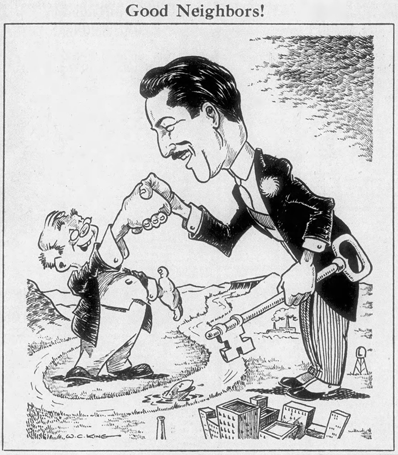 Editorial cartoon depicting Mexican president Miguel Aleman's visit to TVA
