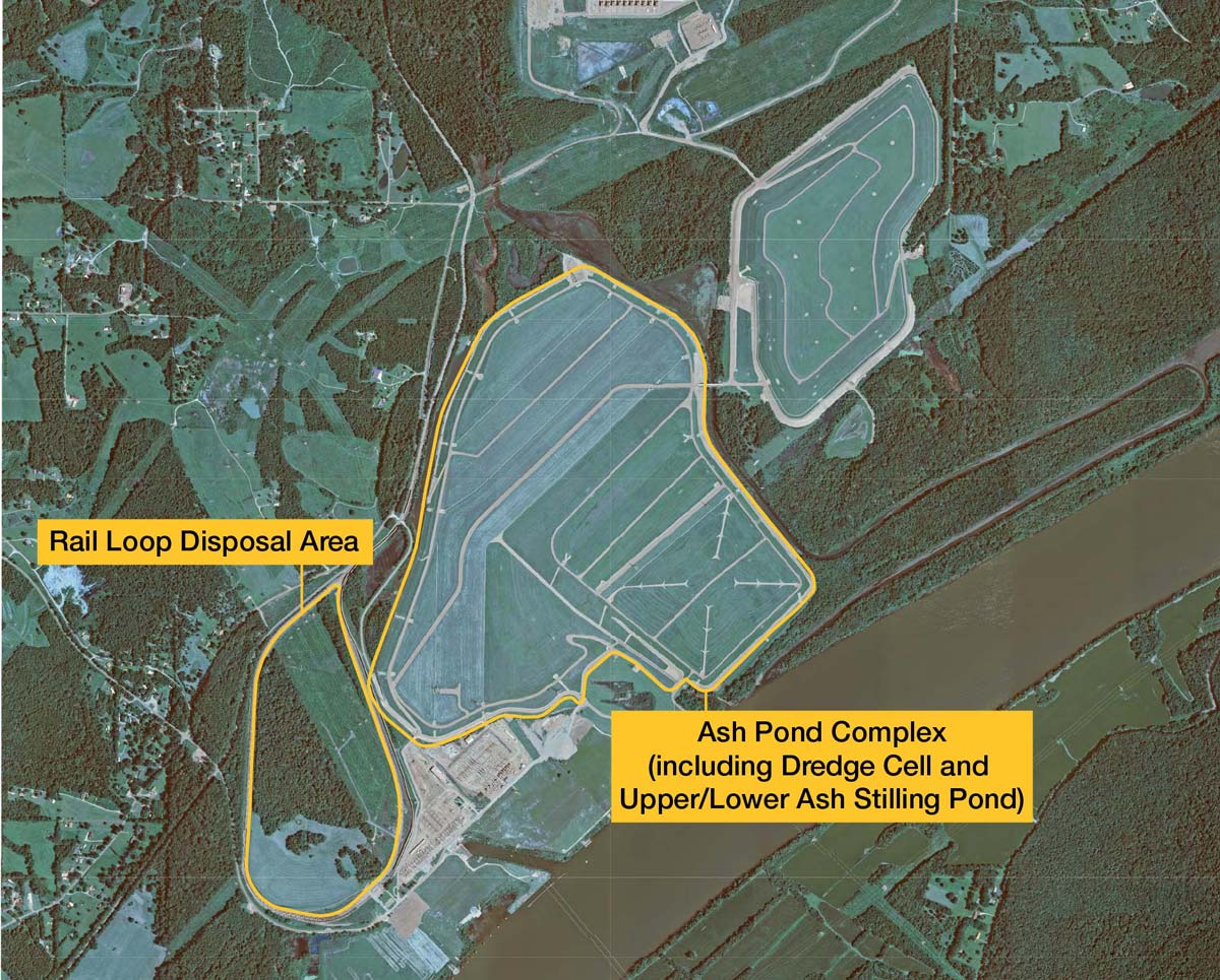 Map showing the Rail Loop Disposal Area and Ash Pond Complex near a river.