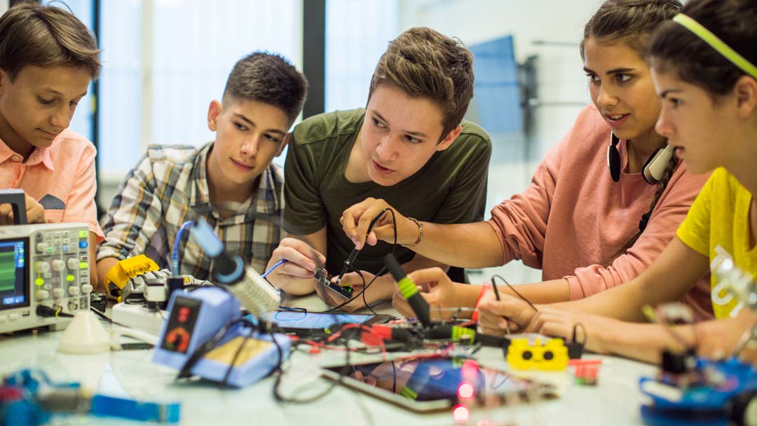 Students working on a robotics project